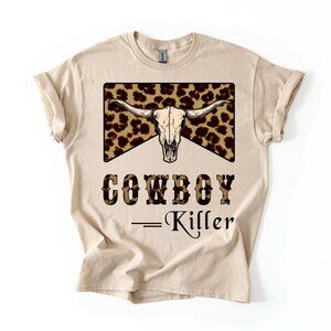 Women's Leopard Cow Skull T-Shirt Western Rodeo Country Music Cowboy Killer Tee